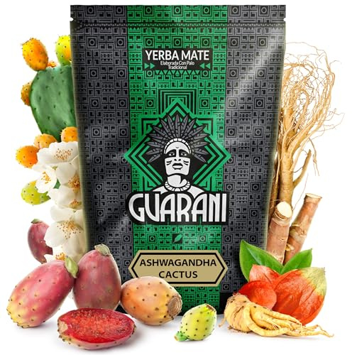 Guarani Mate Tee Ashwagandha Cactus 500g - Yerba Mate aus Paraguay - Barbacuá Rauchig - Viel Staub für Maximalen Koffein-Kick - Adaptogene Wirkung mit Ginseng - Ergiebig für Viele Aufgüsse