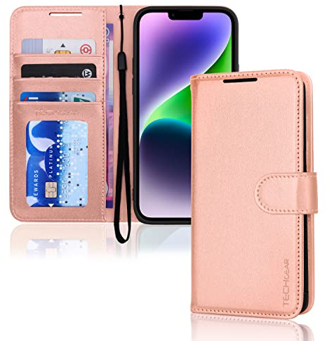 TECHGEAR Etui iPhone 14 Portefeuille - Housse en Cuir avec Rabat de Protection, Fentes pour Cartes, Béquille et Dragonne, Cuir PU Or Rose Compatible avec iPhone 14 6.1