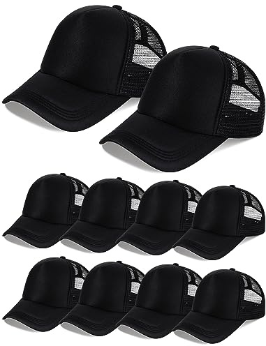 10 Pcs Sublimation Blank Trucker Hats Bulk Mesh Baseball Cap Polyester Mesh Trucker Hat for Men and Women (Black)