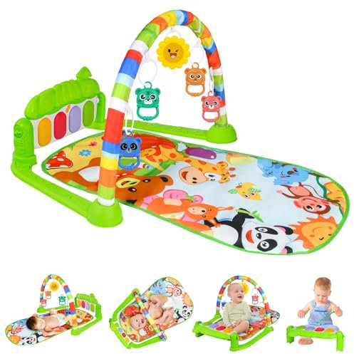 AOMIG Gimnasio De Juegos Para Bebe,Manta de Juego para Bebé con Piano con 3Sonidos y 5Accesorios,Motivo de Animales,Tapete De Juegos Para Bebés de 0-24 Meses que,Alfombra Piano Gimnasio para Bebés