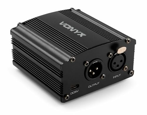 Vonyx VDX10 Phantomspeisung +48 Volt Universal Phantom Power Supply, Phantom Leistungsversorgung mit Adapter für Studio, Kondensator Mikrofone