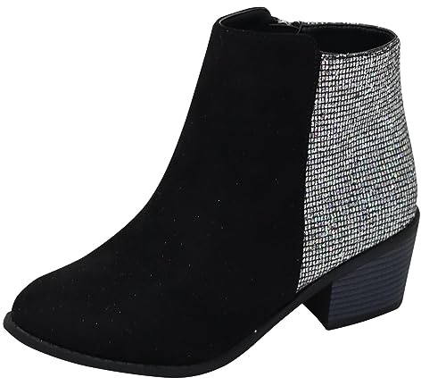 Stiefel Damen Damen-Stiefeletten schwarzem Flash-Material mit elastischem Rücken, dickem Absatz, mittelhohem Absatz und seitlichem Reißverschluss, bequemer Low-Top-Stiefel Winterstiefel (Black, 39)