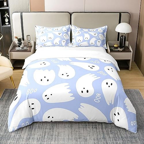 richhome Cartoon Halloween Ghost 100% Bio-Baumwolle Trösterbezug Schwarz Weiß Bettbezug Set 200x200 Kinder Cartoon Stil Bettwäsche Set mit 2 Kissenbezügen