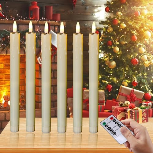 Nizirioo Flammenlose LED Stabkerzen Flackernde Tafelkerzen LED Stabkerzen mit fernbedienun und Timerfunktion, Kerzen Lichterkette mit Warme Gelbe Flackernde Flamme, 6 Spitzkerzen Weiß ohne Tropfen