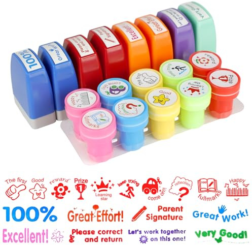 XIACIBDUS 18 Stück Lehrer-Stempel Set, Selbstfärbender Belobigungsstempel mit Ablagefach, Lustige Lehrerstempel Briefmarken für Kinder Bildung, Lehrer Überprüfung, Hausaufgaben, Belohnung | 8 quadratisch+10 rund Lehrer-Stempel Set, selbstfärbend, Motivationswörter, mit Schale, für Lehrertag,Schüler, Geschenke