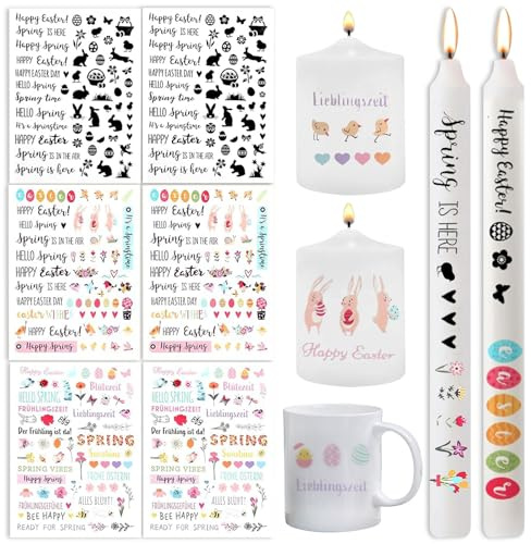 YISKY Ostern Kerzensticker, 6 Stück Kerzentattoo Folie, Ostern Tattoo Folie, Hasen, Schmetterlings und Eier Kerzen Sticker, Kerzen Tattoofolie Sprüche, Ostern Kerzenfolie für Kerzen oder Keramik
