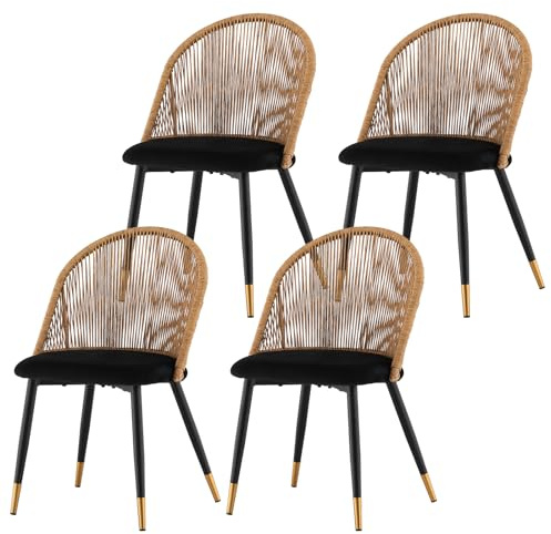 TUKAILAI Esszimmerstühle 4er Set mit Rattan,Samt, Metall,Rattansessel mit Gepolstertem Sitz, Küchenstuhl mit Armlehnen,Rattanstuhl, Polsterstuhl Stuhl,Retro-Freizeitstühle,Schwarz