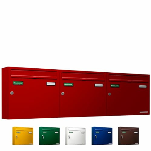 AL Briefkastensysteme Basic 3er Briefkasten RAL 3000 Feuer Rot 3 Fächer DIN A4 wetterfest Briefkastenanlage mit Posthaltebügel und 2 Namensschildern