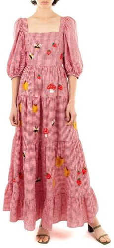 Women's Floral Embroidered Maxi Dress Puff Sleeve Ruffle Tiered Flowy Long Dress Bohemian Swing Summer Sundress (Red, XL)