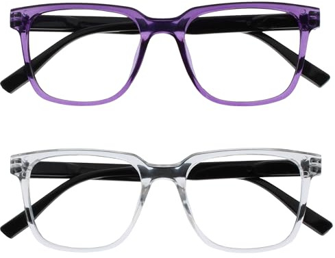 OPULIZE LEO Lunettes de Lecture - Lot de 2 - Monture Rectangulaire Large - Violet, Transparent - Hommes Femmes - Charnières à Ressorts - RR55-5C - +1.50