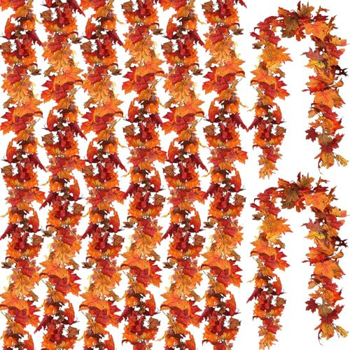 CQURE 8 Pack Artificial Autumn Fall Maple Leaf Garland, 5.9Ft/Piece Hanging Vine Artificial Autumn Foliage Garland Thanksgiving Decor for Home Wedding Fireplace Party Christmas