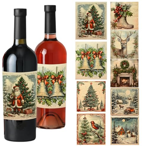 URROMA Weinflaschen-Etiketten mit Aufschrift Merry Christmas, 9 Designs, Vintage-Weinflaschen-Aufkleber, Getränkeverpackungen für Partygeschenke, Dekorationszubehör, 45 Stück