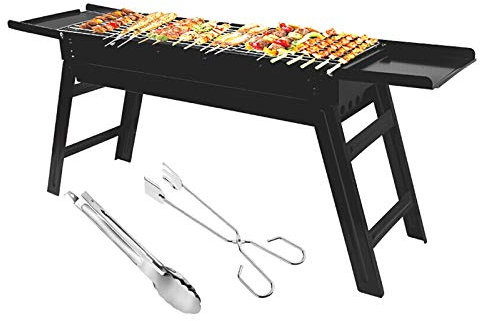 Barbecue Portable Noir avec fumoir et Charbon de Bois pour Cuisine en Plein air, Camping, randonnée, fête, 87,9 x 20,1 x 36,1 cm