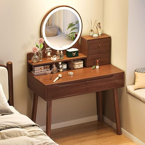 Kaverno Schminktisch Mit Led-Leuchten, Schminktisch mit Schublade, Klein mit Spiegel, Offene Regale, Make Up Tisch, Schlafzimmer Kommode (Brown)