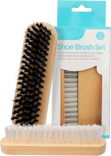 2-Piece Shoe Brush Kit - Classic Wooden-Handled Brushes for Cleaning, Polishing Leather Shoes & Boots, Buffing, with Soft and Firm Bristles.
