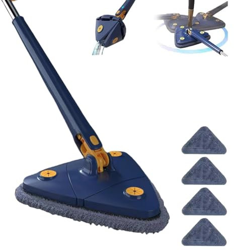 Upattend - Trapeador triangular giratorio de 360° ajustable, cepillo de limpieza triangular para limpiar húmedo y seco, limpiador telescópico de suelos para paredes, techos y vidrio (azul) (azul + 4