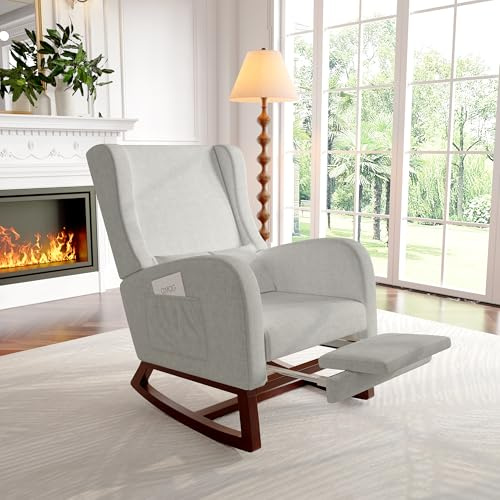VixorLuilith Mecedora, sillón de lactancia y relax con base de madera, reposapiés, sillón balancín, reposabrazos, sillón relax para salón, dormitorio, habitación de bebé y sala de lectura (gris)