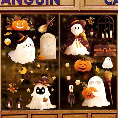 Hianjoo Autocollants de Fenêtre pour Halloween, 9 Feuilles de 71 Autocollants de Décoration avec Citrouille et Fantôme, autocollants Double Face pour la Fête D'Halloween