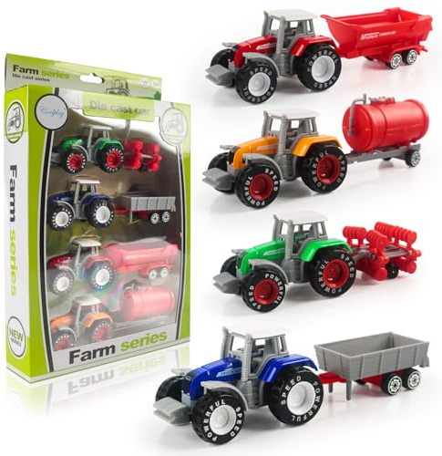 JWTRSVTY 4PCS Agricoli Trattori Giocattolo Veicoli, Trattori Agricoli Camion E Rimorchi Set, Giocattolo Trattore Metallo, Giocattolos Da Fattoria Con Rimorchio,per Bambini Ragazzi Regalo Di Compleanno