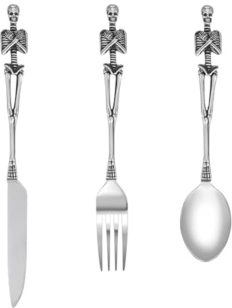 Luxuriöses Vintage-Besteckset mit Totenkopfmotiv, 3-teiliges Messer, Gabel und Löffel aus Edelstahl mit polierter Oberfläche, einzigartiges Totenkopf-Design, für Halloween, Ostern, Weihnachten