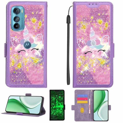 Kinetijy Coque Compatible pour Motorola Moto Edge 30 Coque Étui Housse Case Support [avec Film Protecteur HD d'une dureté de 9H] [Blocage RFID][Paillettes dorées + Brillantes] LPT-DJS