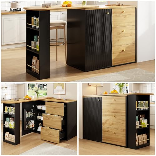 Coolfish Extendable Bar Table with Storage Space, 360° Rotating Dining Bar, Modern Mobile Bar Table, High Table Kitchen Island Bistro Table, Sideboard with Wood Grain Finish 138-204 x 39 x 104 cm