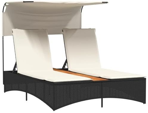 WGYHOME Dubbel solstol med soltak, svart, PE-rotting & akaciaträ, 136 x 202 x 140 cm, justerbar 5-vägs UV-resistent – för trädgård, terrass, pool
