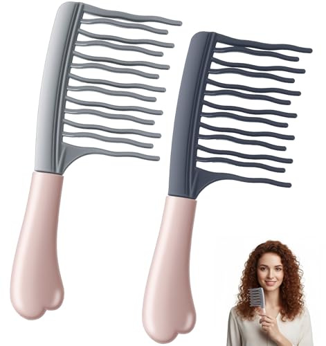 2 PCS Wide Comb for Curly Hair, Detangling Hair Brush with Double-layer Wavy Tooth Design, Ergonomic Handle for Long Thick Dry Wet Hair, Portable Travel Comb for Women, Men