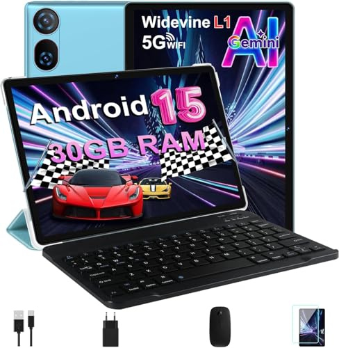 DMOAO Tablette 10 Pouces Android 15 avec 30 Go RAM + 2 to ROM Expansion, Widevine L1, 5G Wi-FI, Gemeni AI, 8 cœurs, GPS, 2 en 1 FHD Tablette Tactile avec Clavier et Souris, Bleu