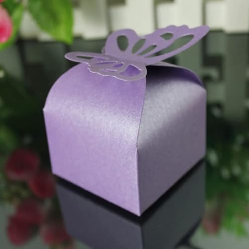 RUIYWEN 50 Stück Geschenkbox Schmetterling Schachtel Süßigkeiten Geschenk für Hochzeiten, Geburtstage, Party Dekoration (Lila)