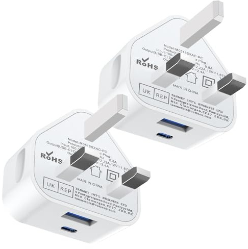 USB C Plug,2 Pack 20W USBC Apple Plug Adapter UK Charger for iPhone 17 Pro Max Air 16e 16 Plus Pro Max 15 14 13 12 11 SE Watch iPad Pro Mini Air 10 11th A16,Dual Port Type C Charging Head