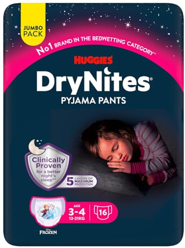 Huggies DryNites, nattbyxor för flickor – storlekar 3–5 år (64 byxor) – kliniskt beprövad lösning för sängvätning – oslagbart nattskydd