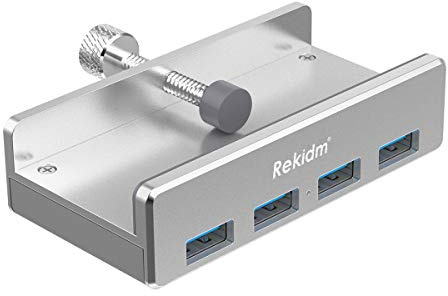 Rekidm USB Hub 3.0-4 Port Aluminum USB 3.0 Hub Clamp Design for Desktop, Computer, PC, Table Edge with Durable Adjustable Clip, Compact Space-Saving Mountable USB Hub Fast Speed Transfer (Silver)