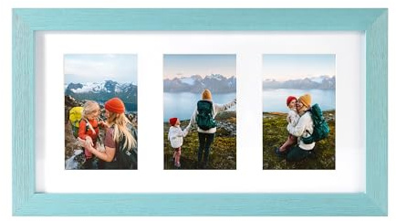 Rustic Solid Wood Collage Photo Frame 8x16 – Display Three (3) 4x6 Pictures with Mat, Horizontal or Vertical for Wall Tabletop - Blue