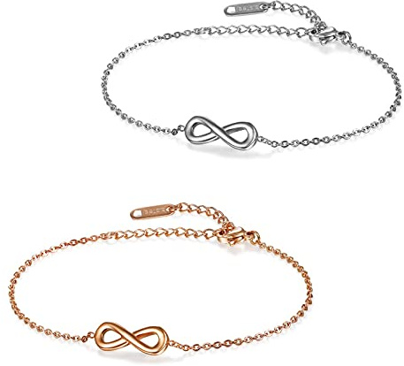 Flongo 2 Stück BFF Armbänder Unendlichkeitszeichen und Herz Freundschaftsarmband aus Edelstahl Silber und Roségold Armbänder für Beste Freundinnen/Schwestern/Mutter und Tochter