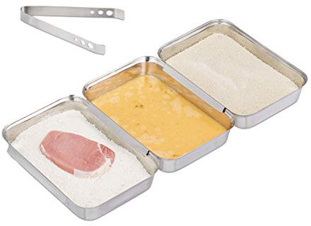 Relaxdays Set para empanar, Tres bandejas de rebozar, Pinzas de cocina, Apilables, Apto para lavavajillas, Plateado