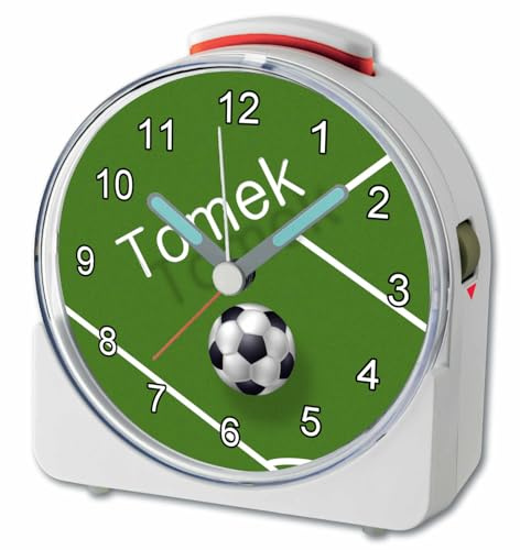 CreaDesign, WU-71-1019, Fußball, analog Kinderwecker weiß, Funkwecker mit Sweep-Uhrwerk und fluoreszierenden Zeiger und Licht, personlisiert mit Namen, 10,2 x 4,6 x 11 cm