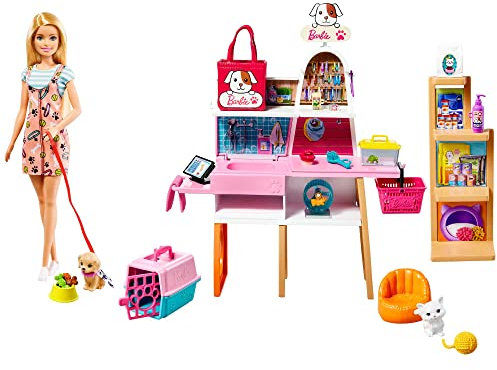 Barbie Doll (11.5-in Blonde) and Pet Boutique Playset with 4 Pets, Color-Change Grooming Feature and Accessories, Great Gift for 3 to 7 Year Olds, GRG90