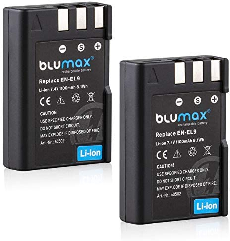 2X Blumax Akku kompatibel mit Nikon EN-EL9e/EN-EL9a 1100mAh - passend für Nikon D3000 D5000 D40 D40x D60
