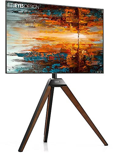 FITUEYES DESIGN Easel Tripod TV Stand Art for 37 43 50 55 65 Inch with Concealed Cable Management Black Steel and Walnut Wood Artist Floor TV Stand Picasso Series