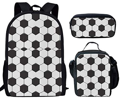 Binienty Modische Schultasche 3-in-1 für Kinder, Jungen, Mädchen, Rucksack + Lunch-Tasche + Federmäppchen, Fußball, Einheitsgröße,
