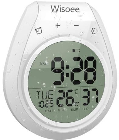 Wisoee Shower Clock Waterproof Bathroom Timer, Kitchen Wall Clock with Countdown, Temperature, Suction Cup, Battery Operated Digital Clock for Bath, Cook