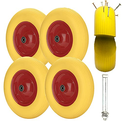 EINFEBEN 4x Schubkarrenrad 4.80 4.00-8 Vollgummi mit Achse, Gummirad, pannensicher, 200 kg Tragkraft Ersatzrad, Stahlfelge Reifen gelb-rot, Reifen für Gartenkarren
