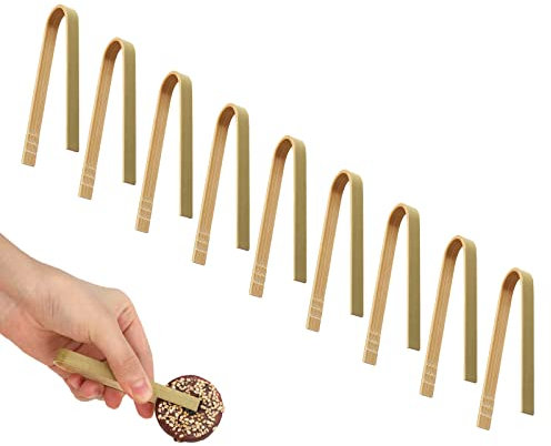 SAVITA 100 Stück 10cm Tongs Kitchen, Handlich Natürlich Bambus Zange Küche Mini Bambus Zange Kücher Tongs Kitchen für Toast Brot Speisenausgabe