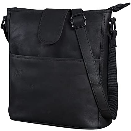 LEABAGS Athens Umhängetasche I Echtes Leder I Handtasche für Damen I Vintage Look I Umhängetasche I Shopper I Schultertasche I Multitasche I Schwarz - L (31x29x13 cm)