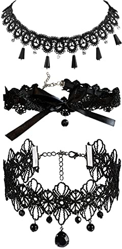 JewelryWe Schmuck 3 PCS Choker Halsband Halskette Set Schwarz Stretch Samt Classic Gothic Quasten Tattoo Spitze Choker Halsketten Ketten für Damen Mädchen
