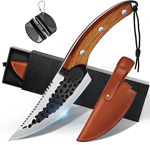 OOKUU Kochmesser Küchenmesser, Fleischerbeil Hackmesser mit Messerschärfer, Lederhülle, Ausbeinmesser Scharfe Japanisches Messer mit Fischschupper, Fleischmesser Hackmesser Messer
