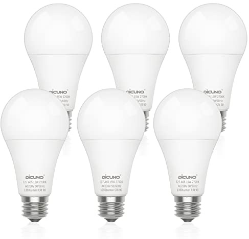 DiCUNO E27 LED Lampe, 15W ersetzt 100W, Warmweiß 2700K, 1350lm, 6er Pack | A65 LED Leuchtmittel, CRI 90, kein Stroboskopeffekt, nicht dimmbar, für Deckenleuchten, Tischlampen, Stehlampen, Wandleuchten
