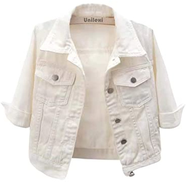 Unilexi Women's 3/4 Sleeve Colored Cropped Denim Jacket Light Wash Short Jean Jacket Trucker Coat(0096-White-L)
