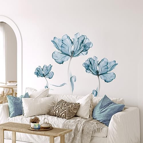 Tanlaby Grande Blu Fiori Adesivi Murali Azzurri Fiori Adesivi da Parete Loto in fiore Stickers Muro per Camera da Letto Soggiorno Ufficio Divano TV Decorazione Parete